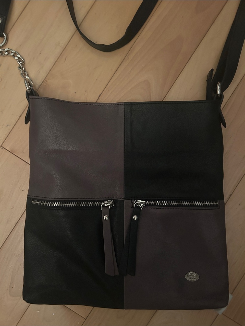Two-Tone Black and Plum Crossbody Bag with Front Zip Pockets